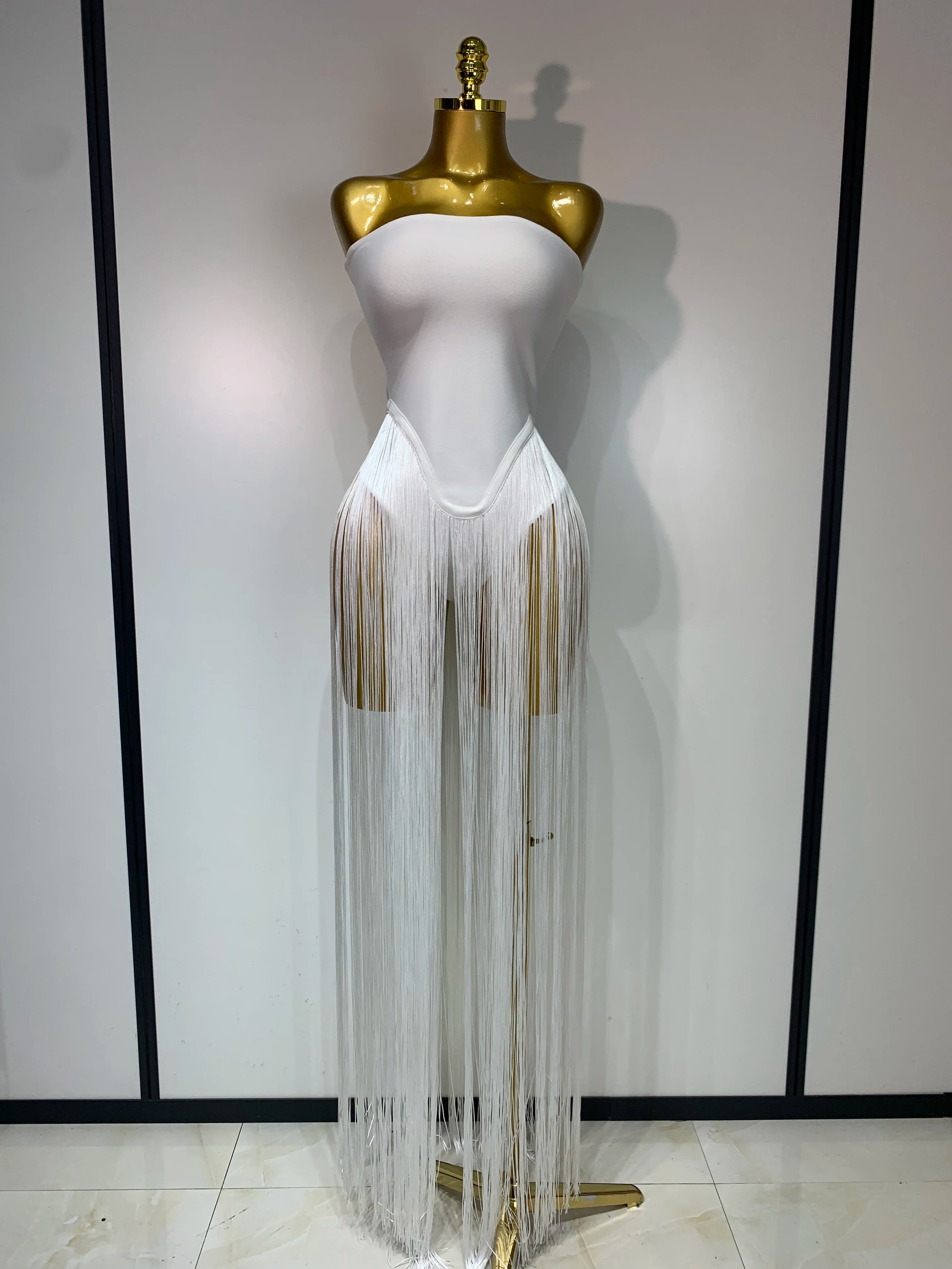 Fashion Design Long Tassel Patchwork Strapless Bandage Bodysuit Women Sexy High Street Evening Party Nightclub Hotwife Outfit