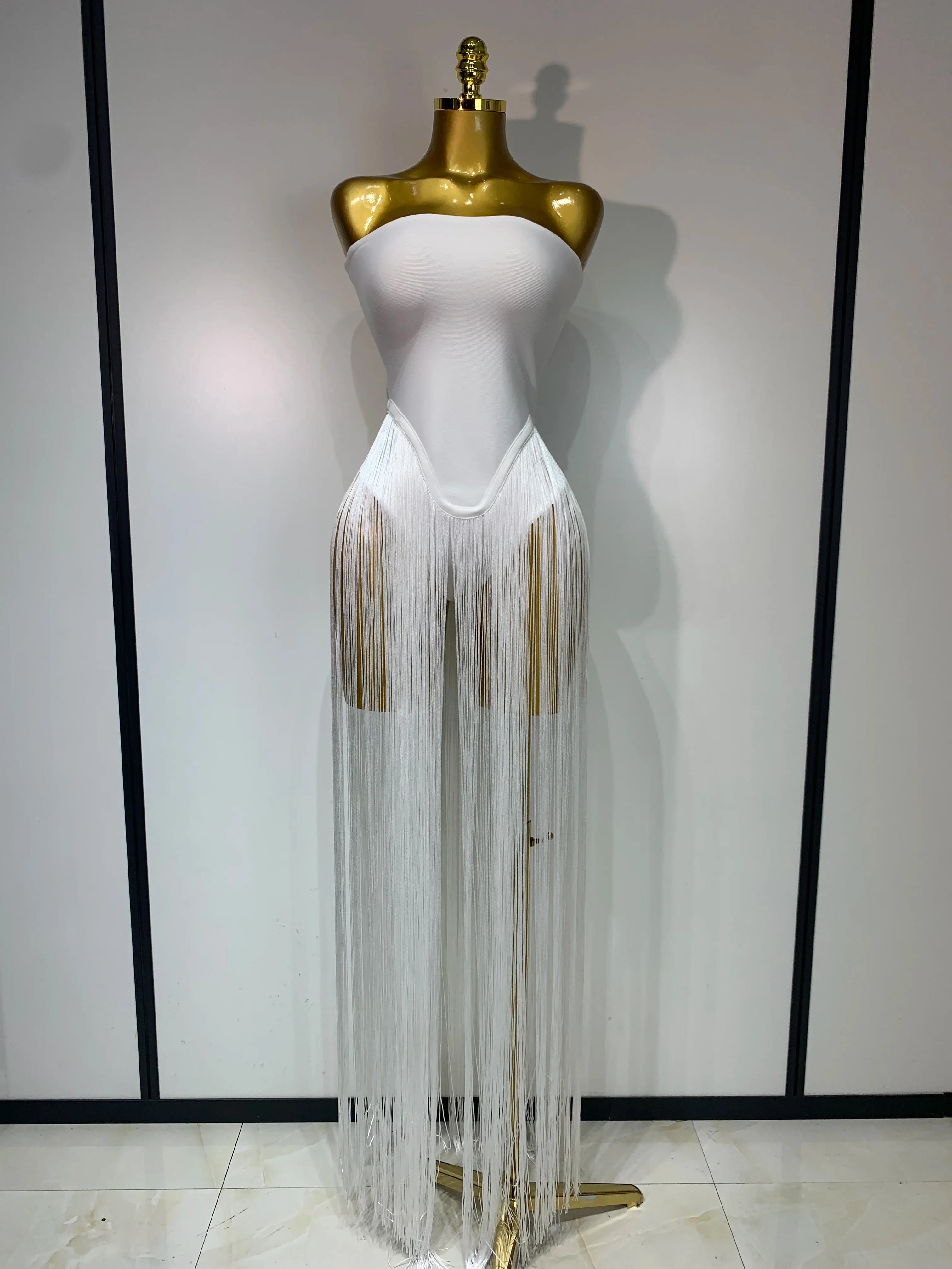 Women Sexy White Elegant Strapless Long Tassels Bandage Bodysuit Evening Party Luxury Birthdy Nightclub Singer Stage Outfit