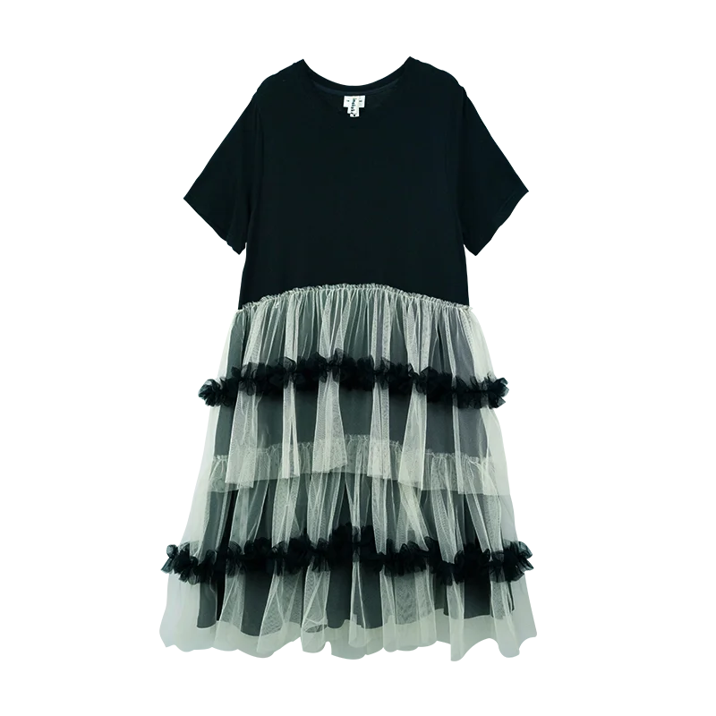 IMAKOKONI Original Design Black Short Sleeve Dress Mesh Splice Casual Loose Fit Dress 234147 Dress