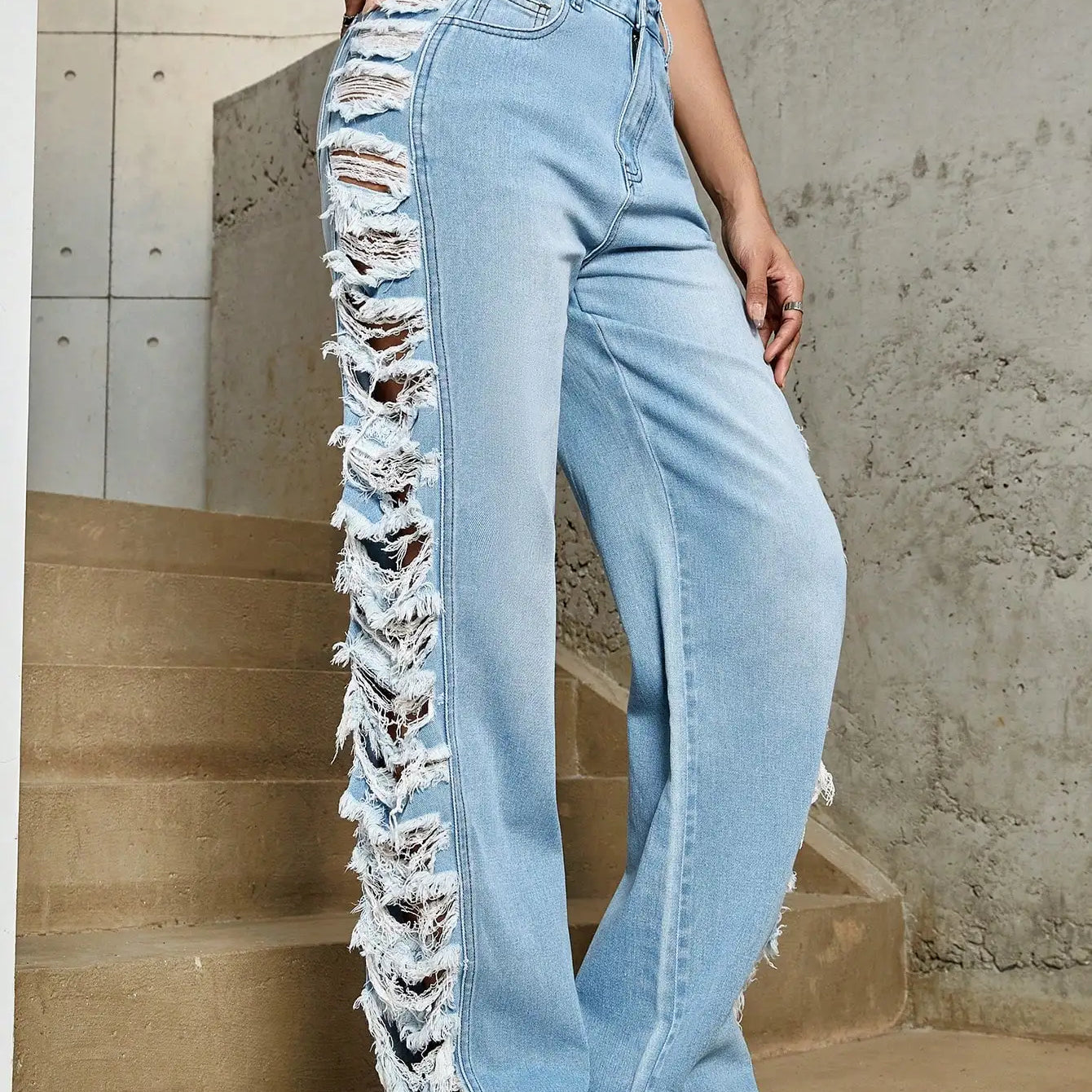 Y2K Women Fashion Side Ripped Detail Jeans Street Solid Low Waist Washed Blue Straight Leg Ladies Denim Trousers
