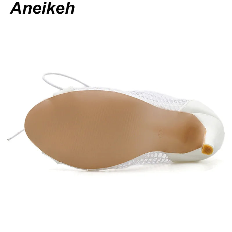 Fashion Women Ankle Boots Hollow Out Mesh High Heels Shoes Woman Lace-Up Open toe Sexy Sandals Boots Mujer Black White