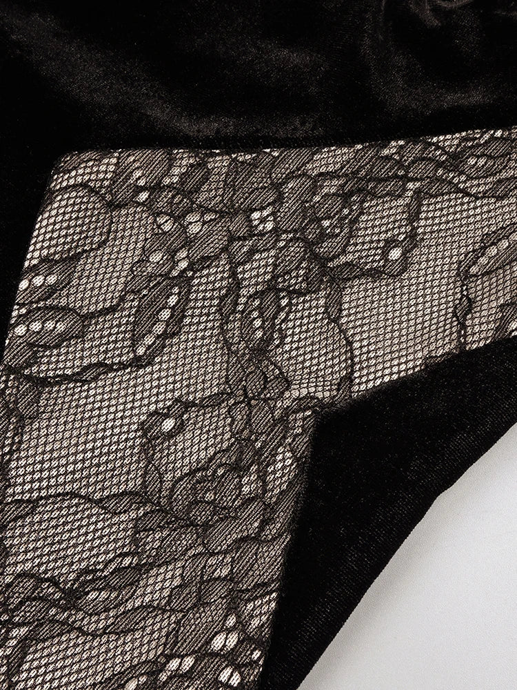 VC Black Mesh Patchwork Halter Long Dress For Women Long Sleeves Lace Embroidery Mermaid Bodycon Party Evening Gown