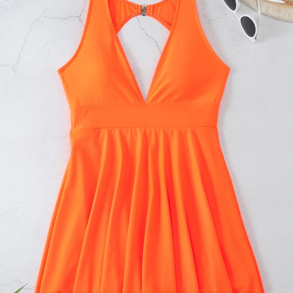 Deep V Neck Swimsuit Women One Piece Backless Swimwear Solid Beach Skirt Summer Female Bathers Bathing Swimming Bodysuit s4Orange