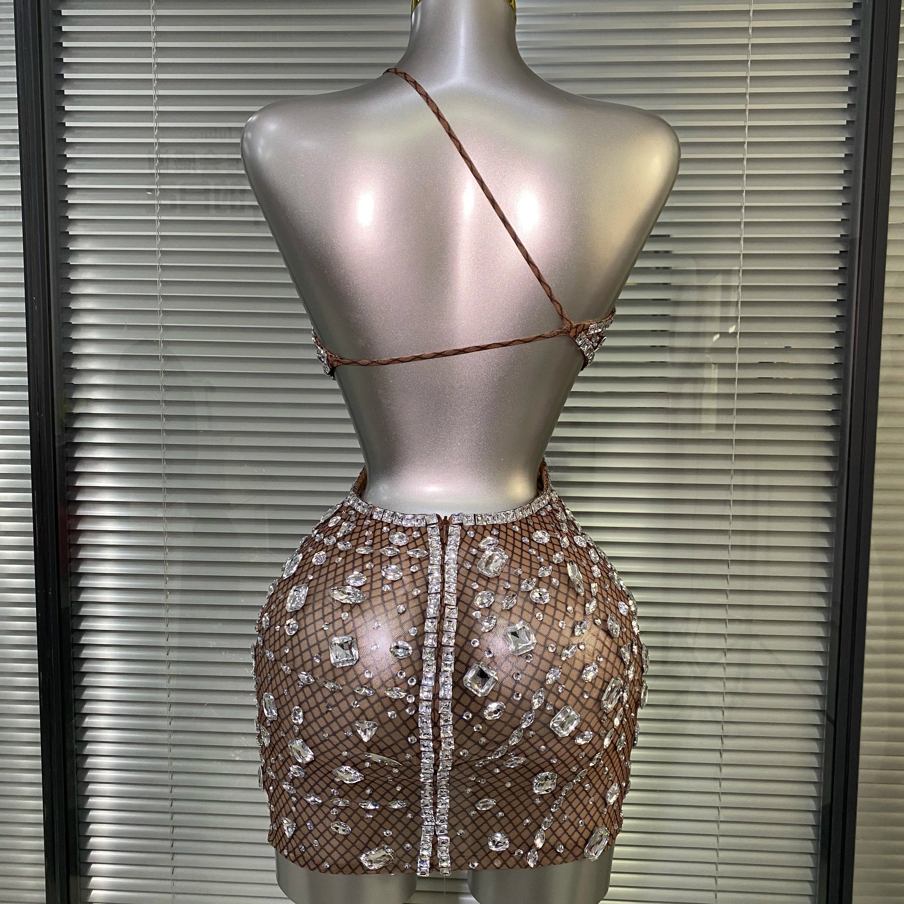 Women Sexy See Through Mesh One Shoulder Backless Brown Costume Stage Dancer Singer Fancy Night Club Mini Party Dress