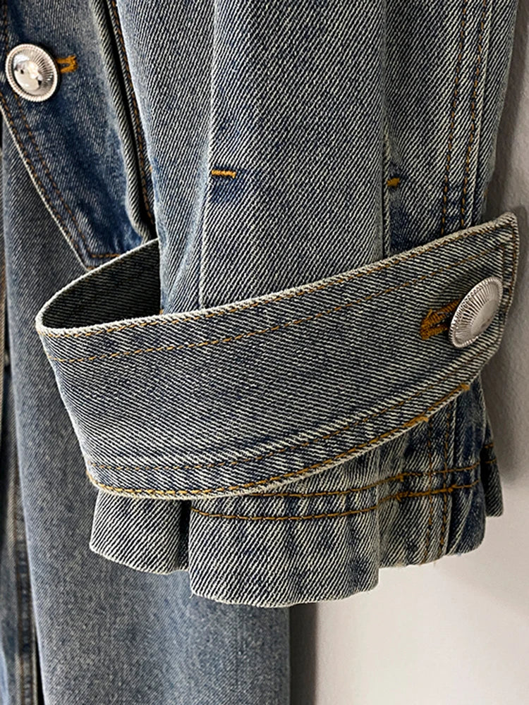 DEAT Fashion Women's Denim Jackets Loose Big Double Layer Collar Single Breasted Long Sleeve Sashes Coat Winter New 17A4709