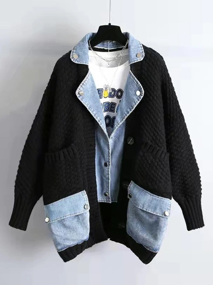 Jackets Autumn Winter New Loose and Lazy Style Thickened Sweater Cardigan Top Fashion Personalized Combination Denim Coat Women black