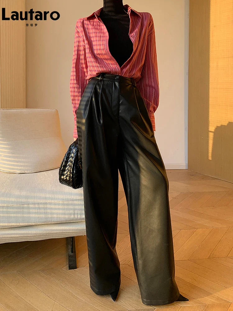 Spring Autumn Loose Casual Soft Black Burgundy Pu Leather Wide Leg Pants for Women High Waist Korean Style Fashion 2023