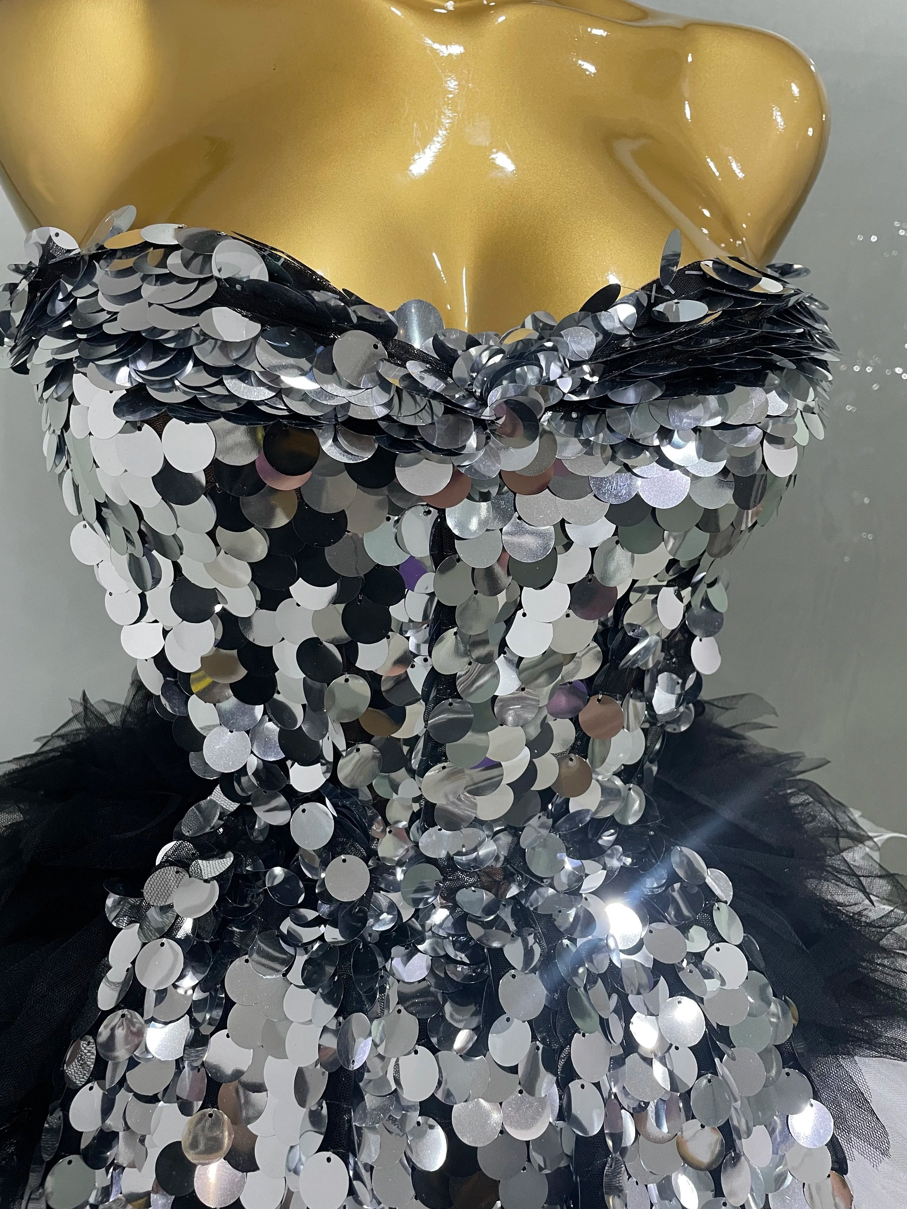 2025 New Stage Costume Women's Sparkly Sequin Mesh A Line Top Skirt 2 Pieces Set Nightclub Party Birthday Dress Photo Shoot Wear