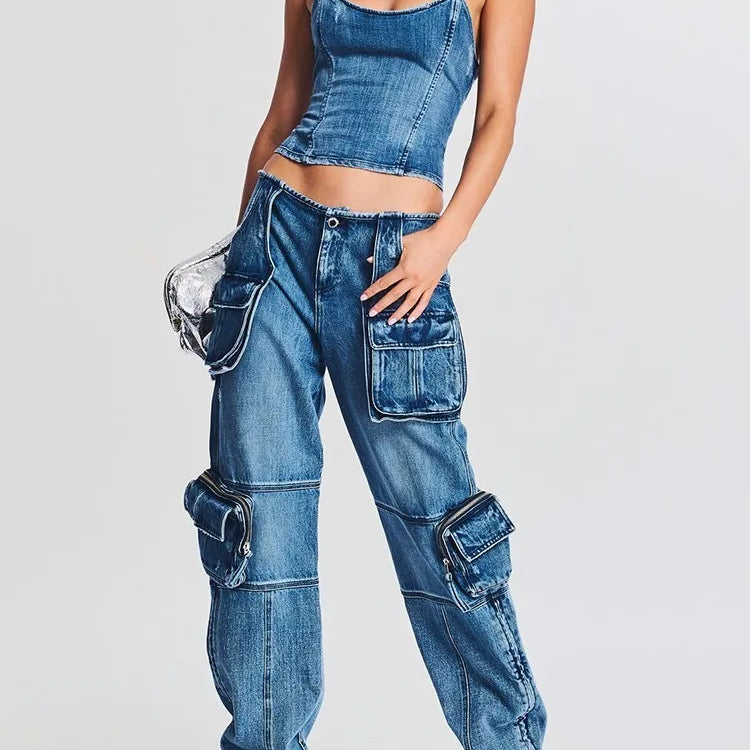 Denim Vintage Two Piece Sets For Women Strapless Sleeveless Tops High Waist Spliced Pockets Pant Casual Set Female
