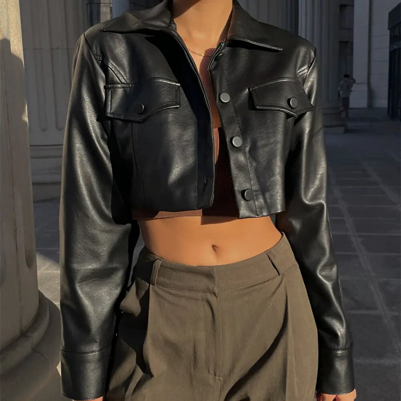 Autumn Faux Leather Short Jacket Y2K Turn-down Collar Fashion Botton Decoration PU Coat Grunge Street Casual Coats