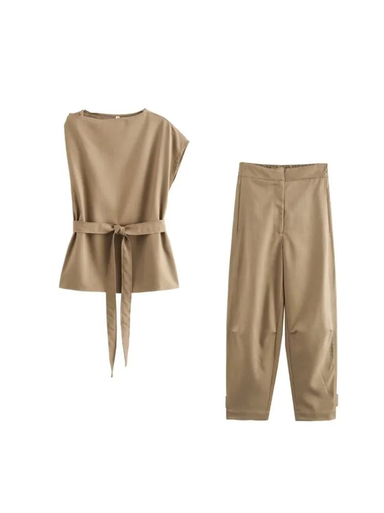 TRAF ZR Set of Two Pieces for Modern Women Khaki Sets for Women 2 Pieces Elegant Minimalist Korean Style Set Cozy Sets sets