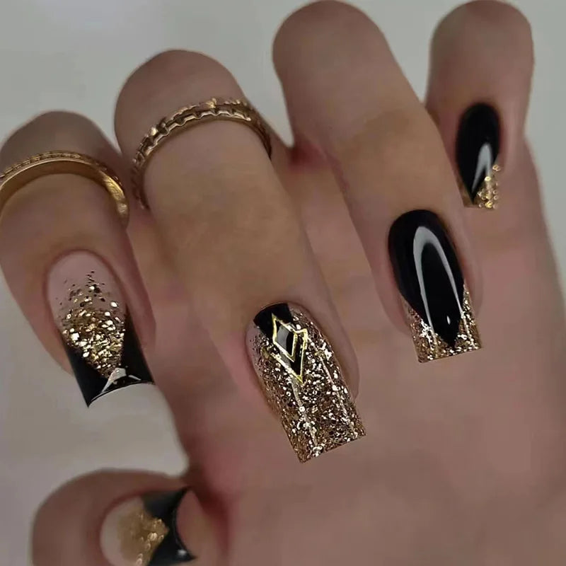 24Pcs Mid-length French False Nail with Diamond Gradient Square Press on Nails Flower Design Fake Nail Wearable Manicure Tools