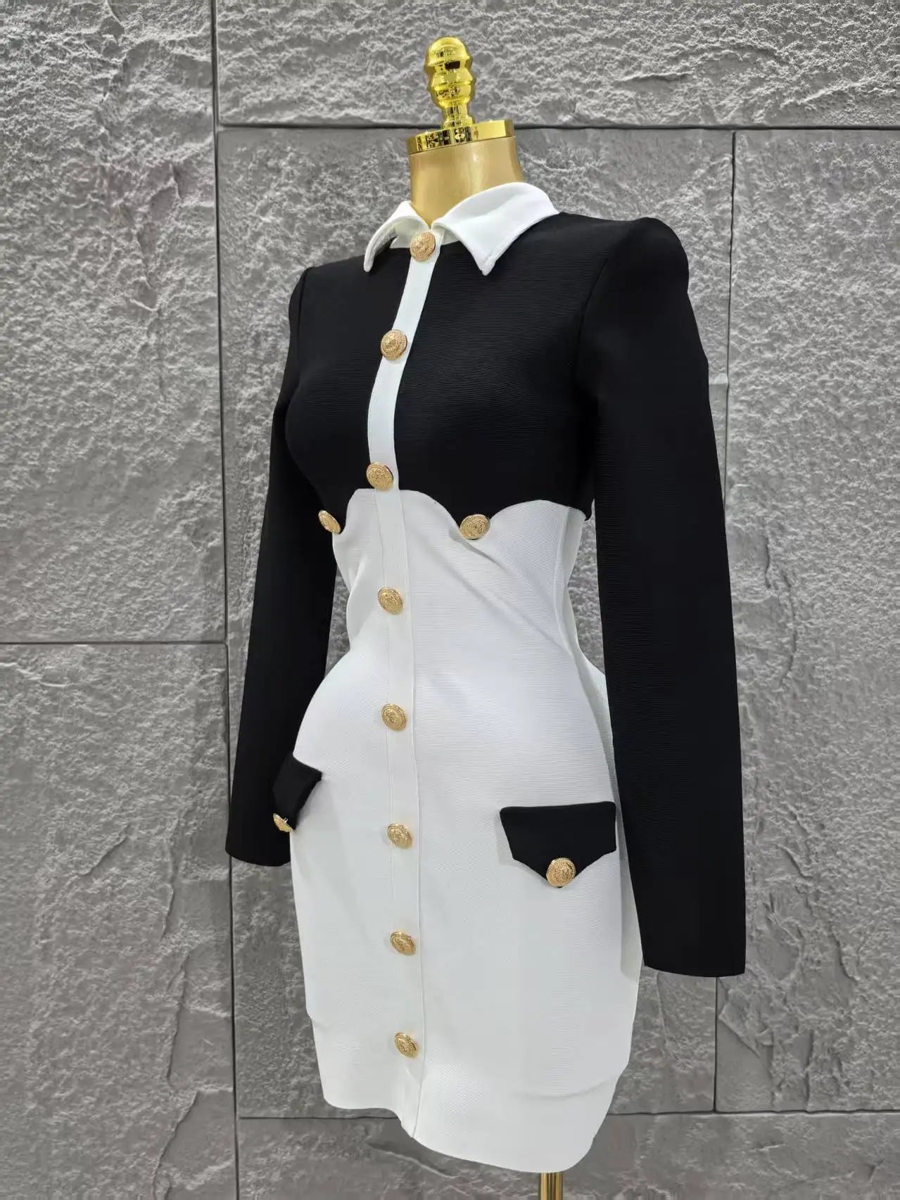 Women Long Sleeve Sexy Pacthwork Button Bodycon Mini Bandage Dress Elegant Evening Party Red Carpet Fashion Cocktail Outfit