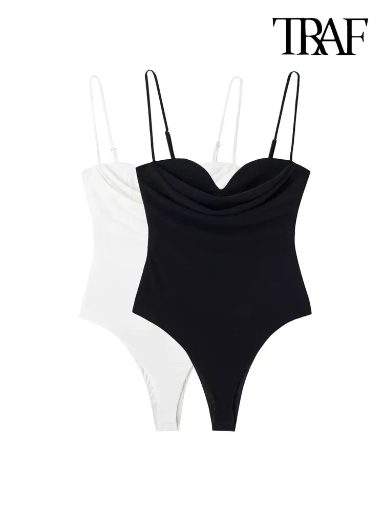 Women Fashion With Sweetheart Neck Draped Bodysuits Vintage Backless Zipper Thin Straps Female Playsuits Mujer