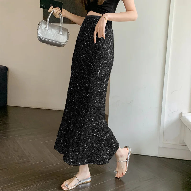 New Heavy Industry Sequins Fish Tail Skirt for Spring/summer Luxury Sexy High Waisted Slimming Hip Pack Long Mermaid Skirt