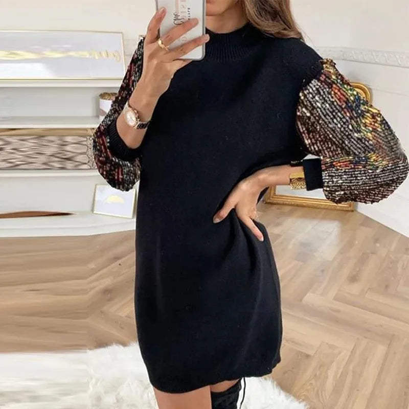 Office Lady Dress Elegant Button Turtleneck Autumn Winter Dress Women New Fashion Sequins Long Sleeve A-Line Party Dress Vestido