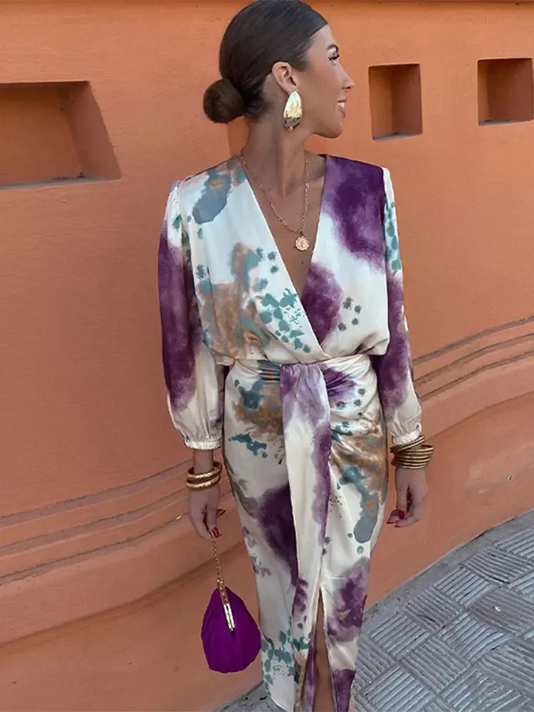 Women Skirt Fashion Stain Print Skirt Set Chic Cross V Neck Long Sleeves Shirt Slit Midi Skirts Suit Lady Fashion Outfits Suit