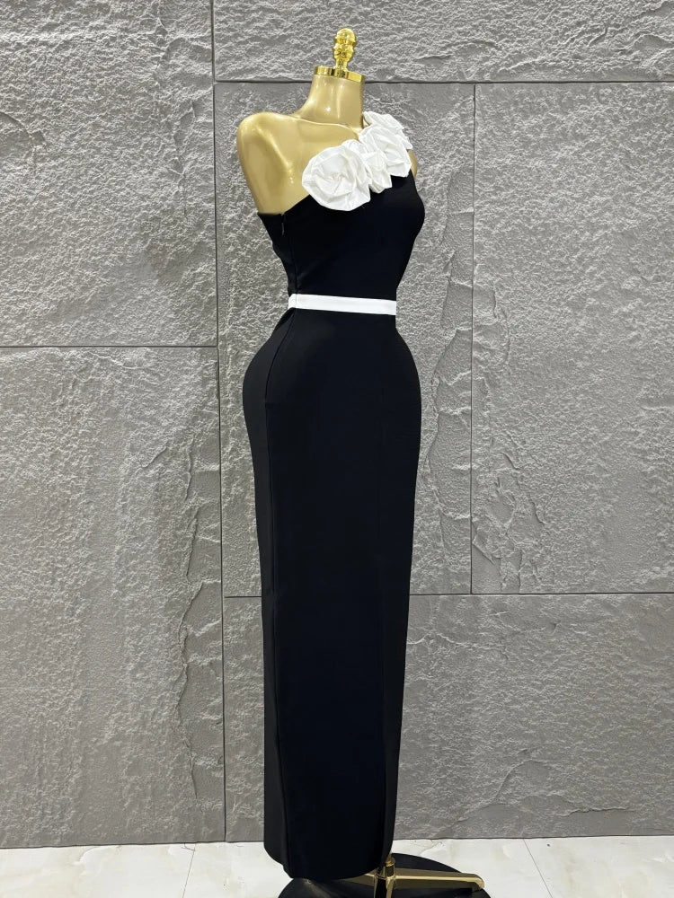High Quality Women Sexy One Shoulder White Florals Bodycon Long Bandage Dress Celebrate Nightclub Party Fashion Outfit