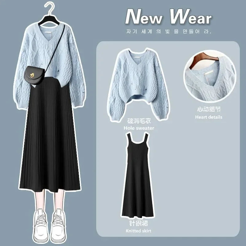 Autumn Winter Suit Women's Korean Version Western Style Relaxed Lazy Wind Sweater Slim Sling Dress Two-piece Suit Set 07