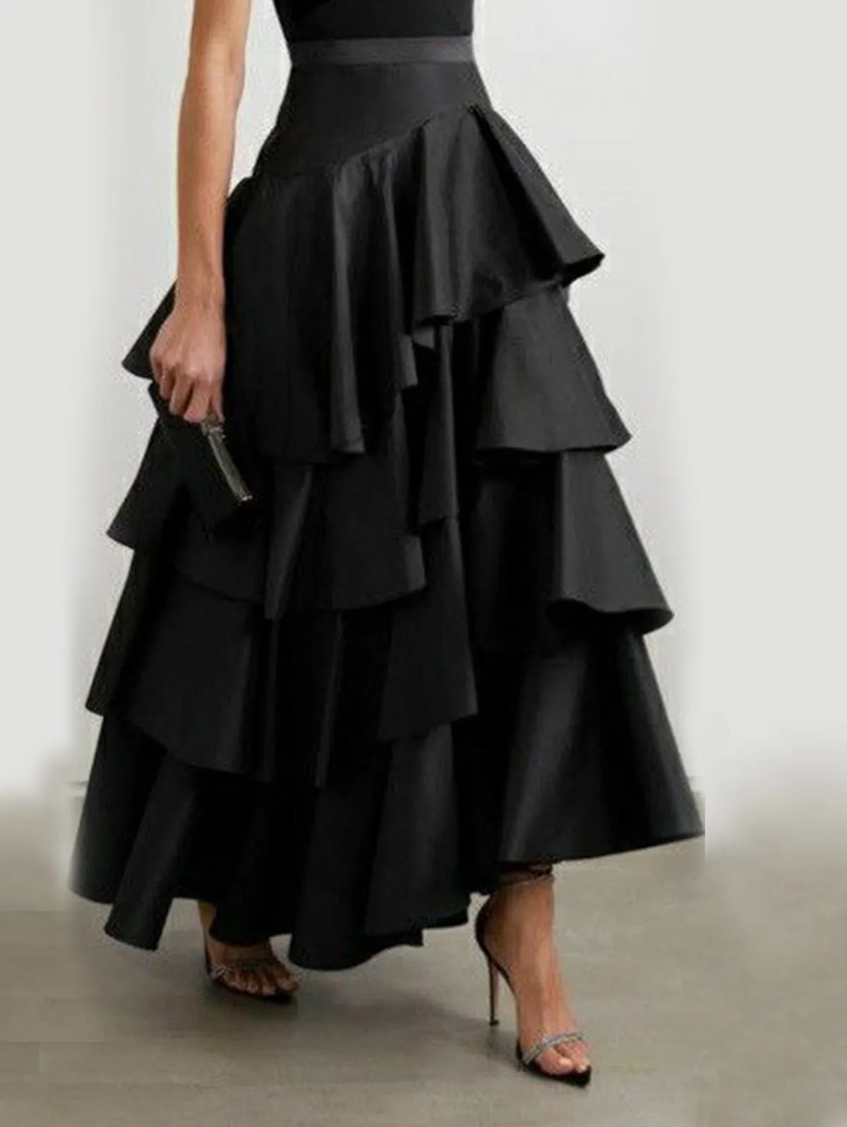 Women's High Waist Layered Ruffle Maxi Cake Skirt Elegant Party Wedding Guest Y2K Solid Vintage Black Solid A Line Skirts