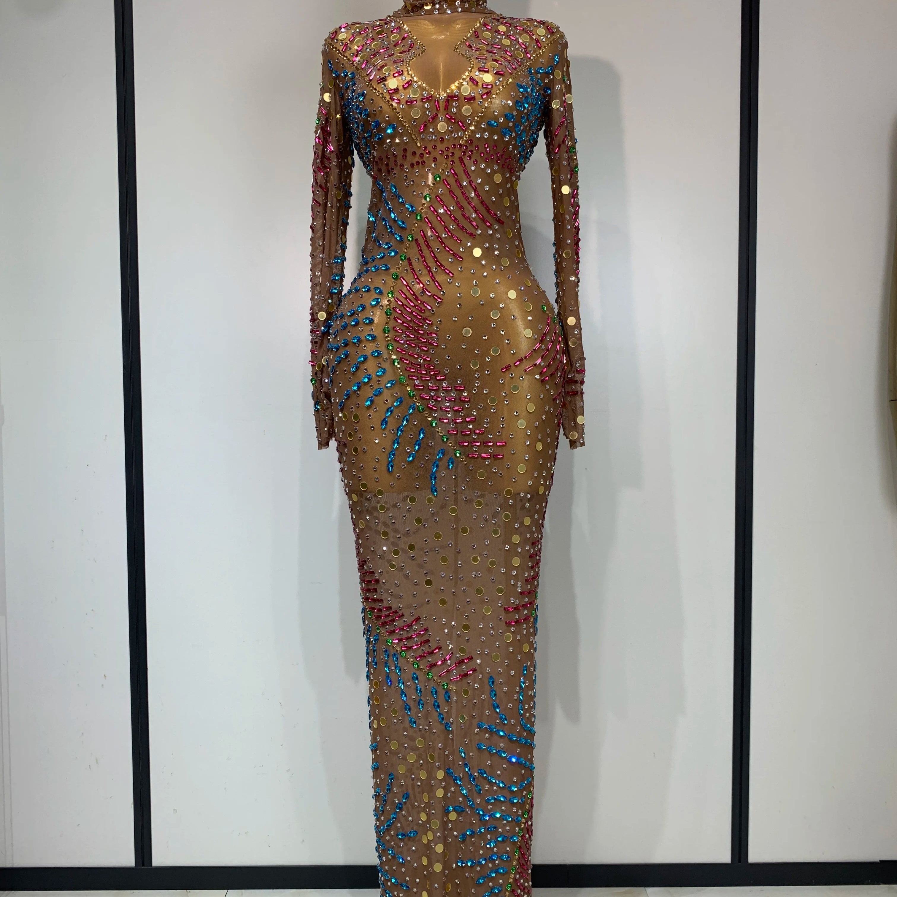 Women Sparkly Rhinestone See Through Elastic Mesh Women Long Dress Evening Prom Birthday Party Wear Club Performance Costume