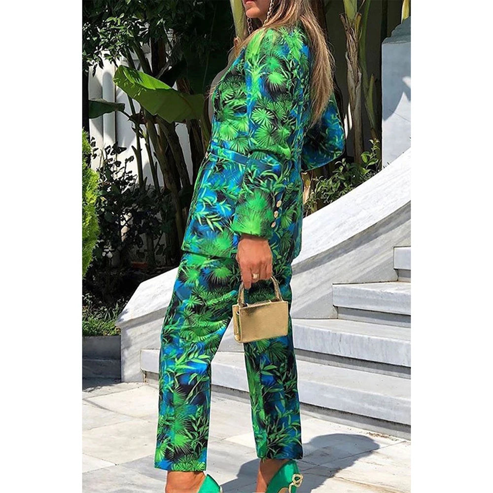 Flycurvy Plus Size Business Casual Pan Set Green Print Lapel Long Sleeve Blazer Suit Two Piece Pant Set
