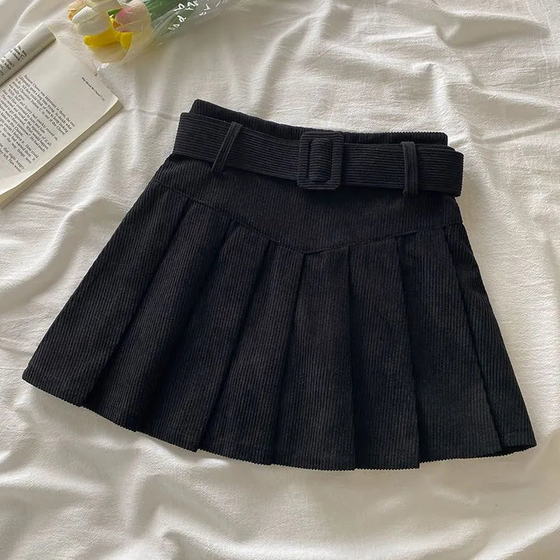 Pleated Mini Skirts Women Japan Students Corduroy Preppy Style Autumn Winter Basic Solid Bottoms Chic Vintage JK Slim All-match black with belt