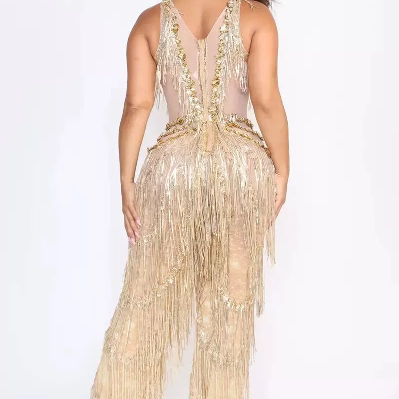 New Arrival Golden Sequins Tassle Sexy V-Neck Hollow Out Jumpsuit Fashion Woman Woman Party Outfit Stage Performance Costume
