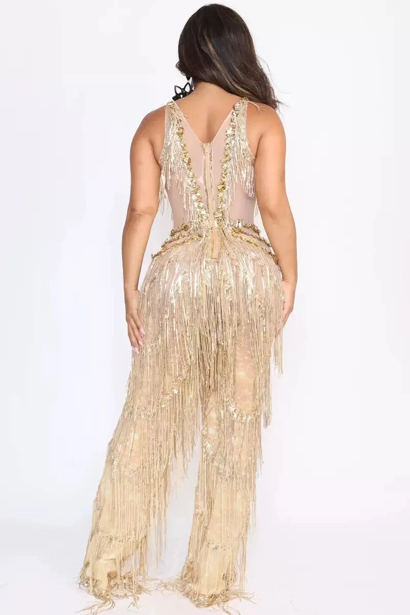 New Arrival Golden Sequins Tassle Sexy V-Neck Hollow Out Jumpsuit Fashion Woman Woman Party Outfit Stage Performance Costume