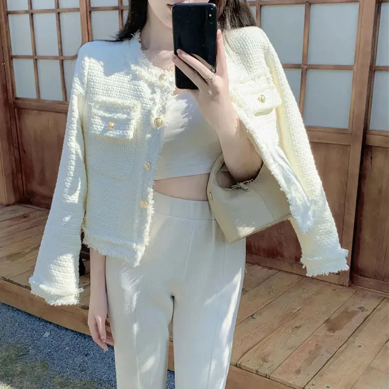 Spring White Tweed Jacket Women Korean Fashion Golden Single-Breasted Short Coat Ladies Pockets Long Sleeve Outwear WHITE
