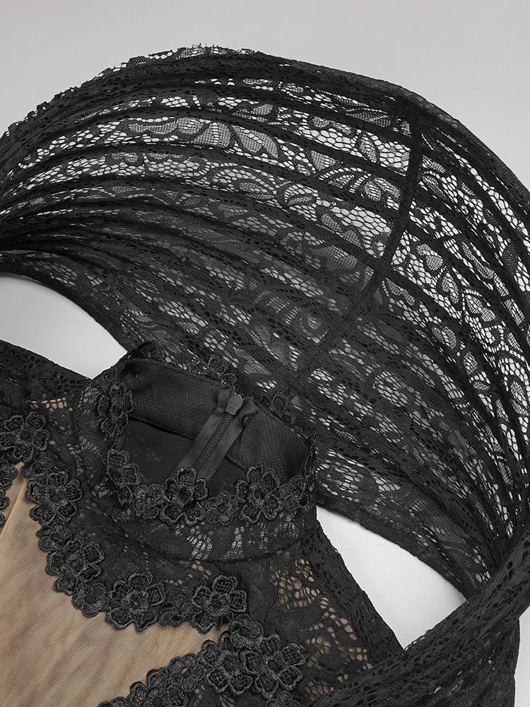 VC Lace Accent Maxi Dress High Neckline Cut-out Tulle Fabric Long Sleeves Floor Length Cocktail Party Evening Gowns