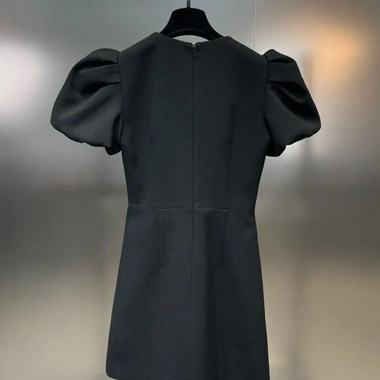 DEAT Fashion New Items Women's Diamonds Bows Hollow Out Spring Trendy Round Neck Puff Sleeves Dresses Female 11XX8796