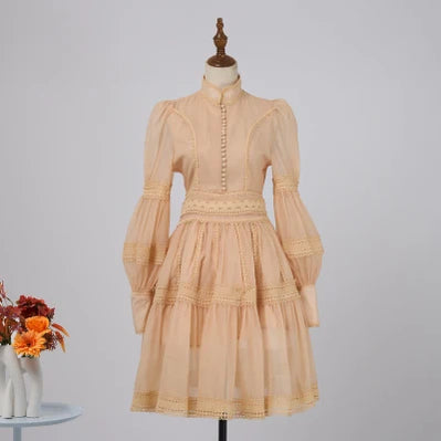 Runway Designer Embroidery Lace Patchwork Party Night Dress High Quality Lantern Sleeve Stand A Line Vintage Elegant Dress