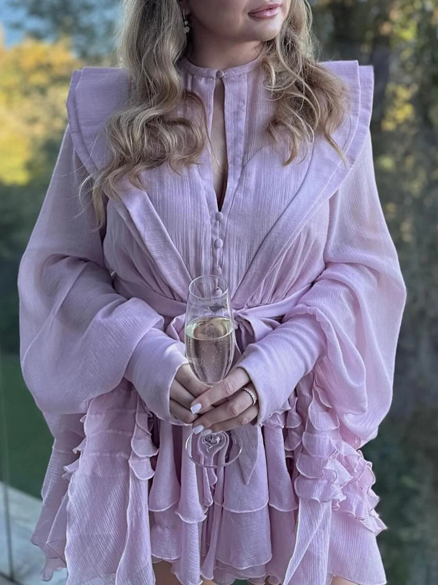 TWOTWINSTYLE Slimming Spliced Ruffles Folds Dresses for Women Round Neck Long Sleeves Patchwork Button Dress Female Fashion New
