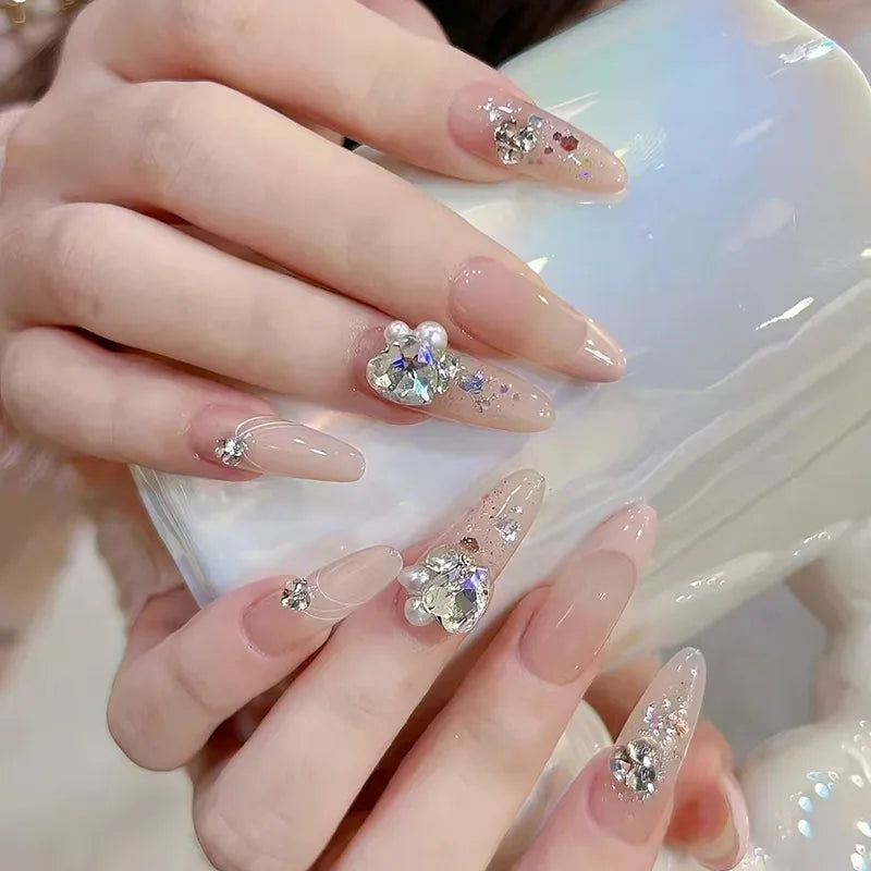 24Pcs Long French Almond Nails Set Press on Simple White Edge Design Fake Nails for Woman Detachable Full Cover False Nails Tips