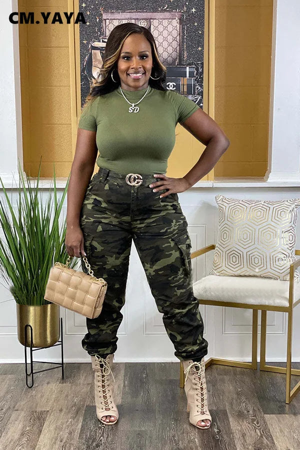 CM.YAYA Women’s Camouflage Printed Slim Cargo Pants 2024 Spring/Summer Pocket Jogger Street Fashion Safari Trousers