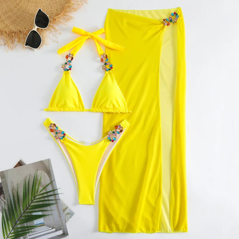 Yellow Sexy Rhinestones Bikinis Women Swimwear Female Swimsuit Swimming Bathing Suits Brazilian Bikini Set Beachwear Bather A23081102B