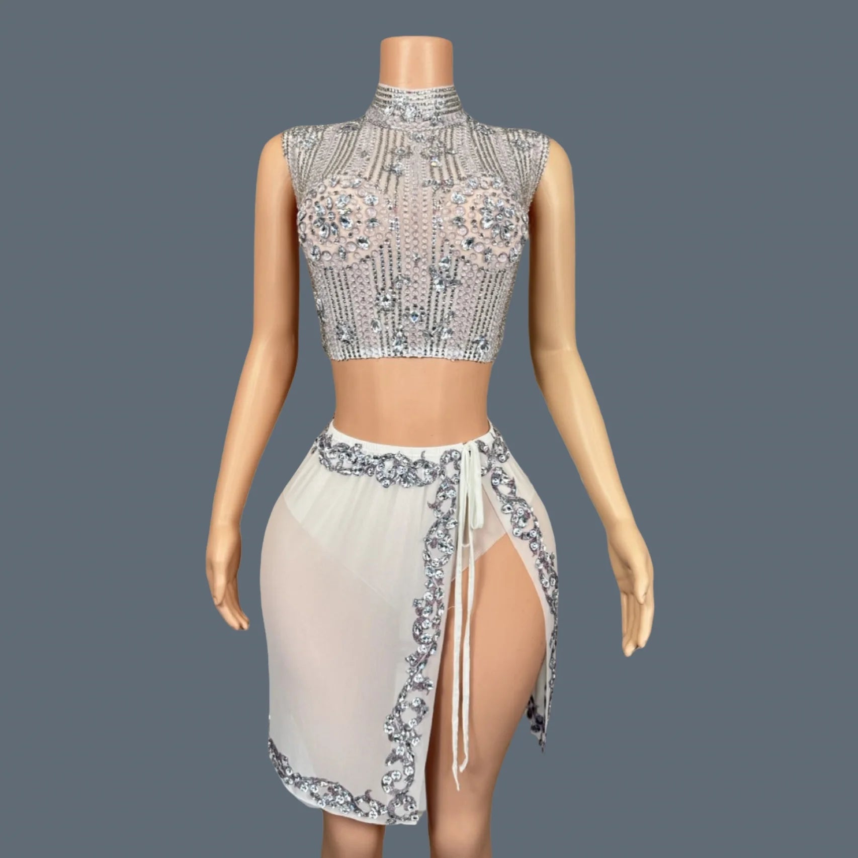 Sparkly Rhinestone Crop Tops Mini Skirt 2Pieces Set Festival Party Mesh Outfit Side Slits Bodysuit Event Dance Sexy Wear Luzhu