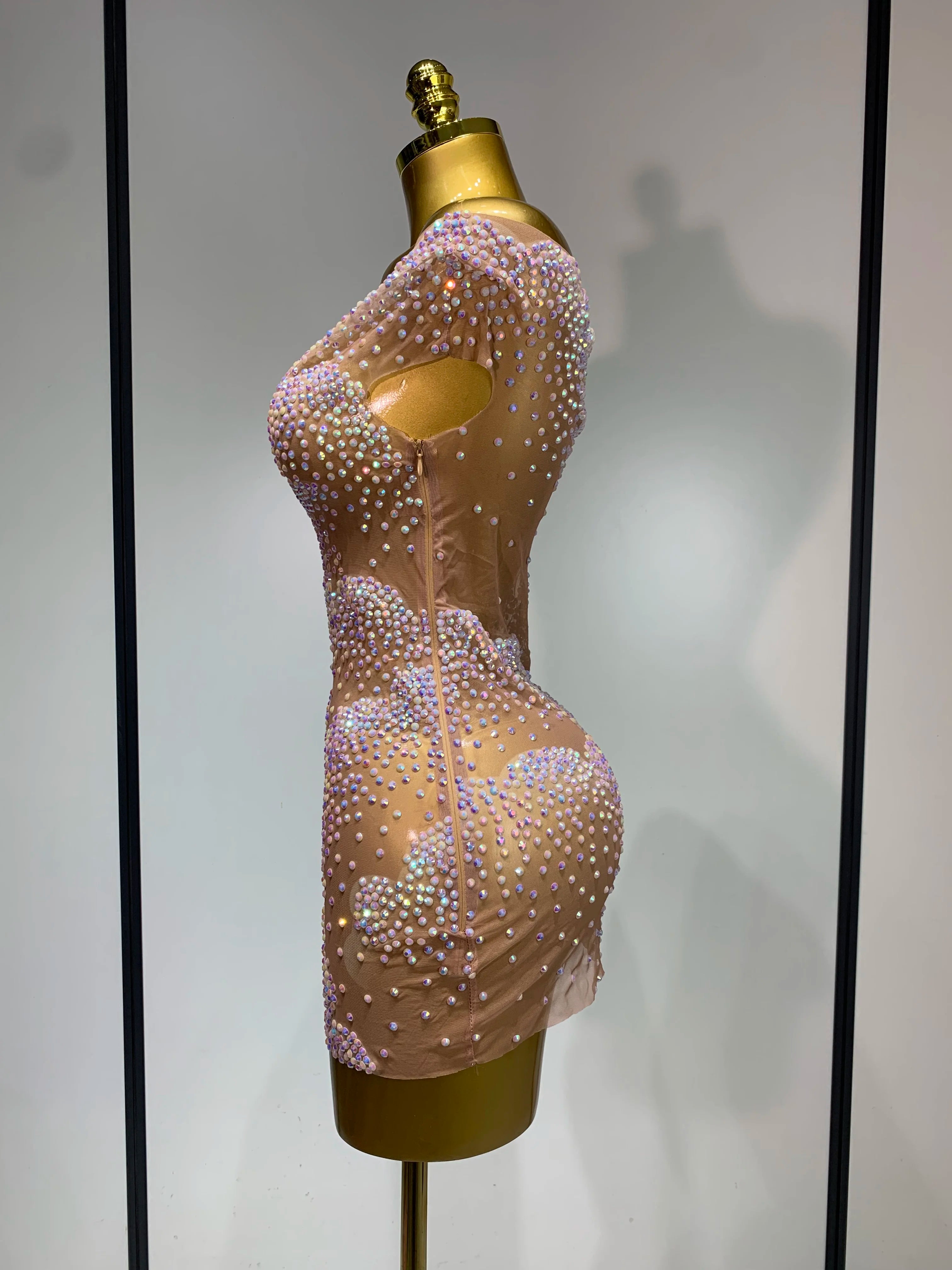 Vestido curto feminino sexy de malha transparente para comemoração de aniversário, festa à noite, vestido luxuoso com strass, fantasia de apresentação em palco