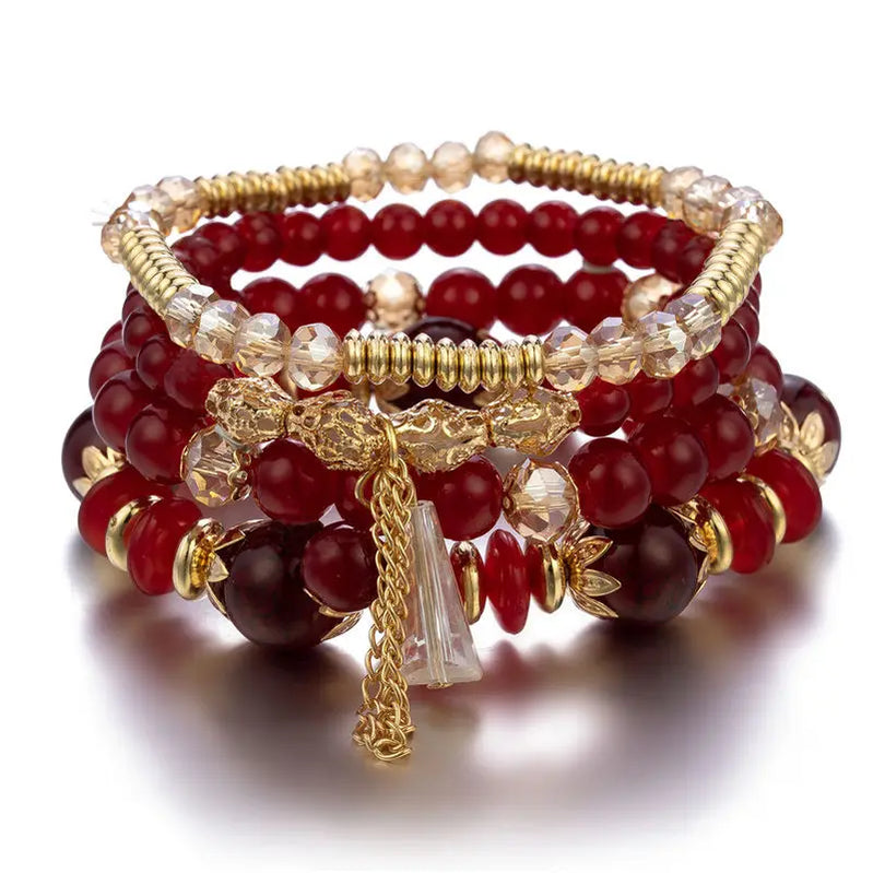 4Pcs Bohemian Women Pink Tassel Bracelet Set For Female I Love You Feather Round Charm Beads Chain Bangle Fashion Party Jewelry BR133-4