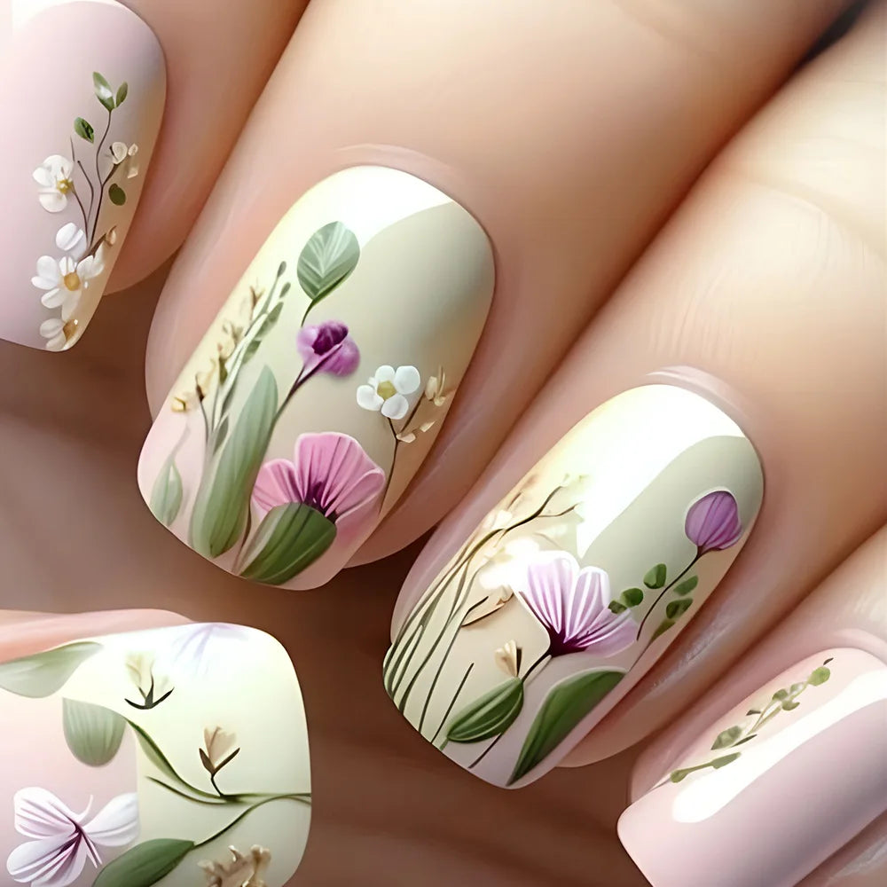 24pcs Flower Full Cover Nail with Pearl Design Mid-length Ballet False Nails Press on Square Fake Nail Tip Wearable Manicure Set