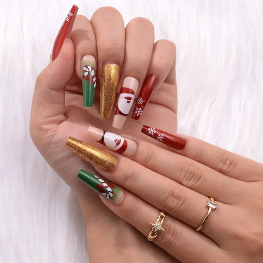 24Pcs/Box Christmas Women Wearable Fake Nails Finished Full Cover Europe America Christmas Collection Short Flat Nails Art Gift 31