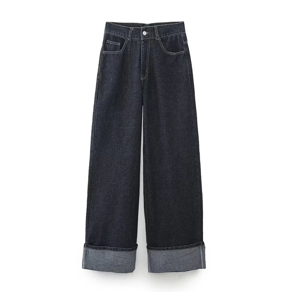 Women's Fashion Casual Denim Jacket Coat Curled Hem Pants Set dark blue 1