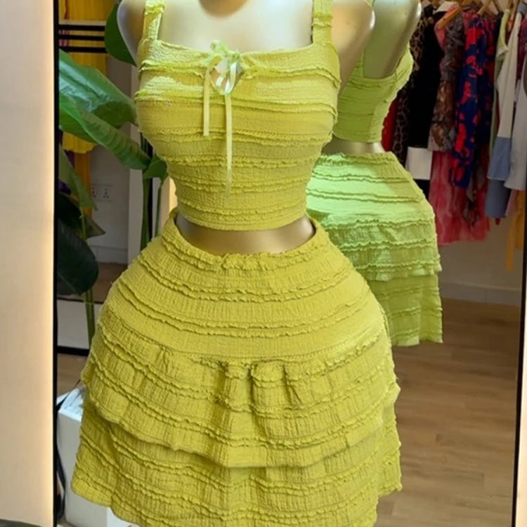 CM.YAYA Beach Boho Women's Set Strap Sleeveless Tank Top and Ruched Mini A-line Skirts Two 2 Piece Sets 2025 Summer Outfits