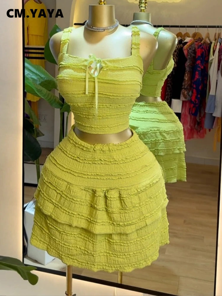 CM.YAYA Beach Boho Women's Set Strap Sleeveless Tank Top and Ruched Mini A-line Skirts Two 2 Piece Sets 2025 Summer Outfits
