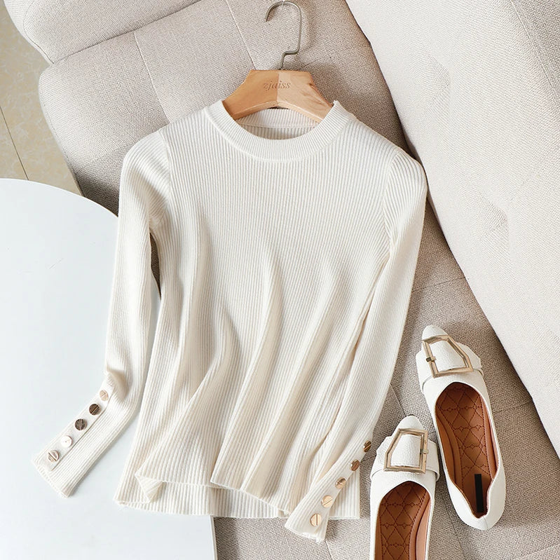 Casual Autumn Winter Women Thick Sweater Pullovers Button Long Sleeve O-neck chic Sweater Female Slim Knitted Soft Jumper Tops Beige One Size
