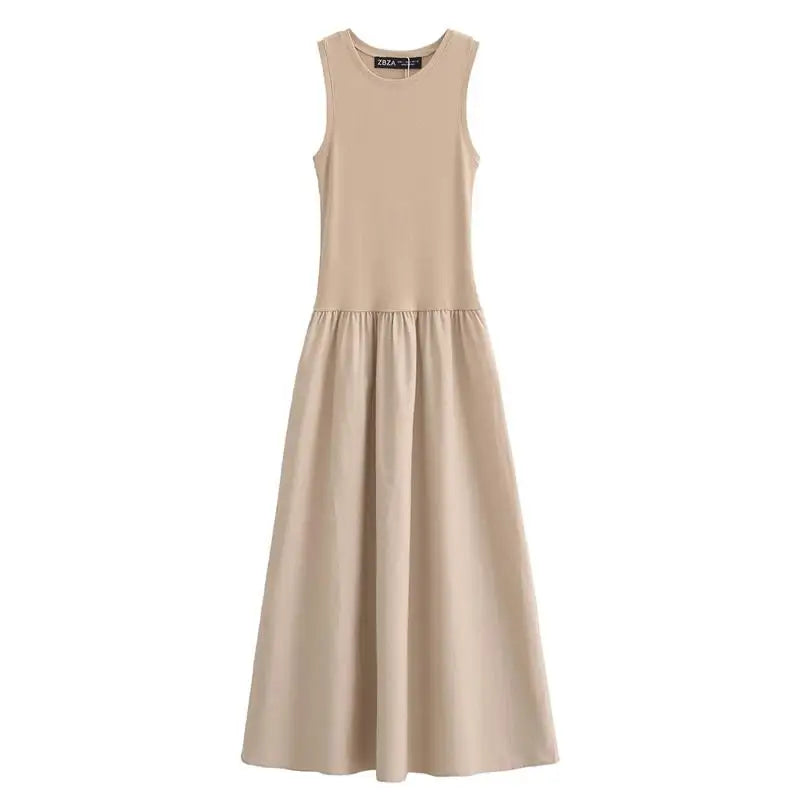 TRAF Dresses Summer Women's 2024 New Chic Slim O-neck Elegant Long Holiday Dress Women's Street Youth Fashion Dress Khaki