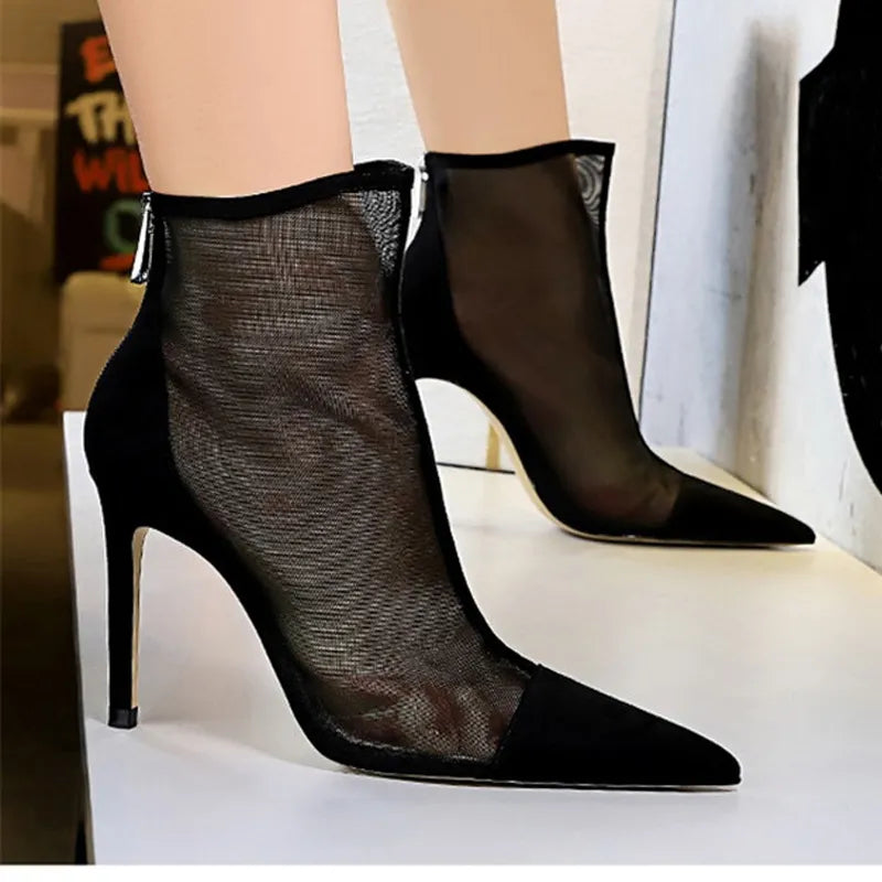 Fashion Spring Ventilation Mesh ANKLE Boots Ladies Pumps 9.5CM Thin Heels Pointed Toe ZIP Solid Women's Shoes