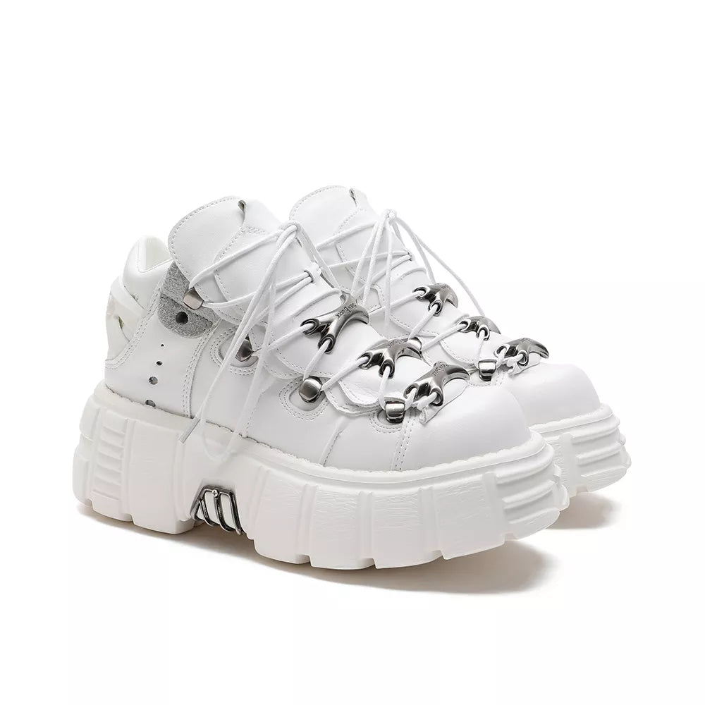 U-DOUBLE Brand Punk Style Women Shoes Lace-up heel height 6CM Platform Shoes Woman Gothic Ankle Boots Metal Decor Woman Sneakers White