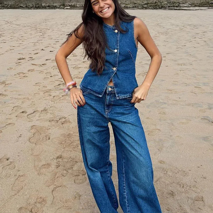 TRAFZA Summer Denim Trousers Set For Women Sleeveless Cropped Vest Top + Wild Basic Women's Wide Leg Long Pant Trendy